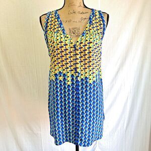 MARC JACOBS Women's Blue Yellow Geometric Print V-Neck 100% Silk Blouse Sz L